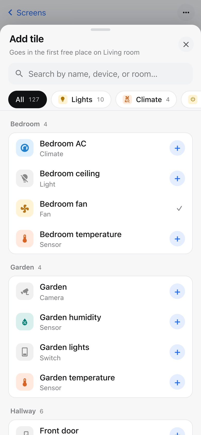 Add tile on a phone: search, the kinds, the home's devices by room