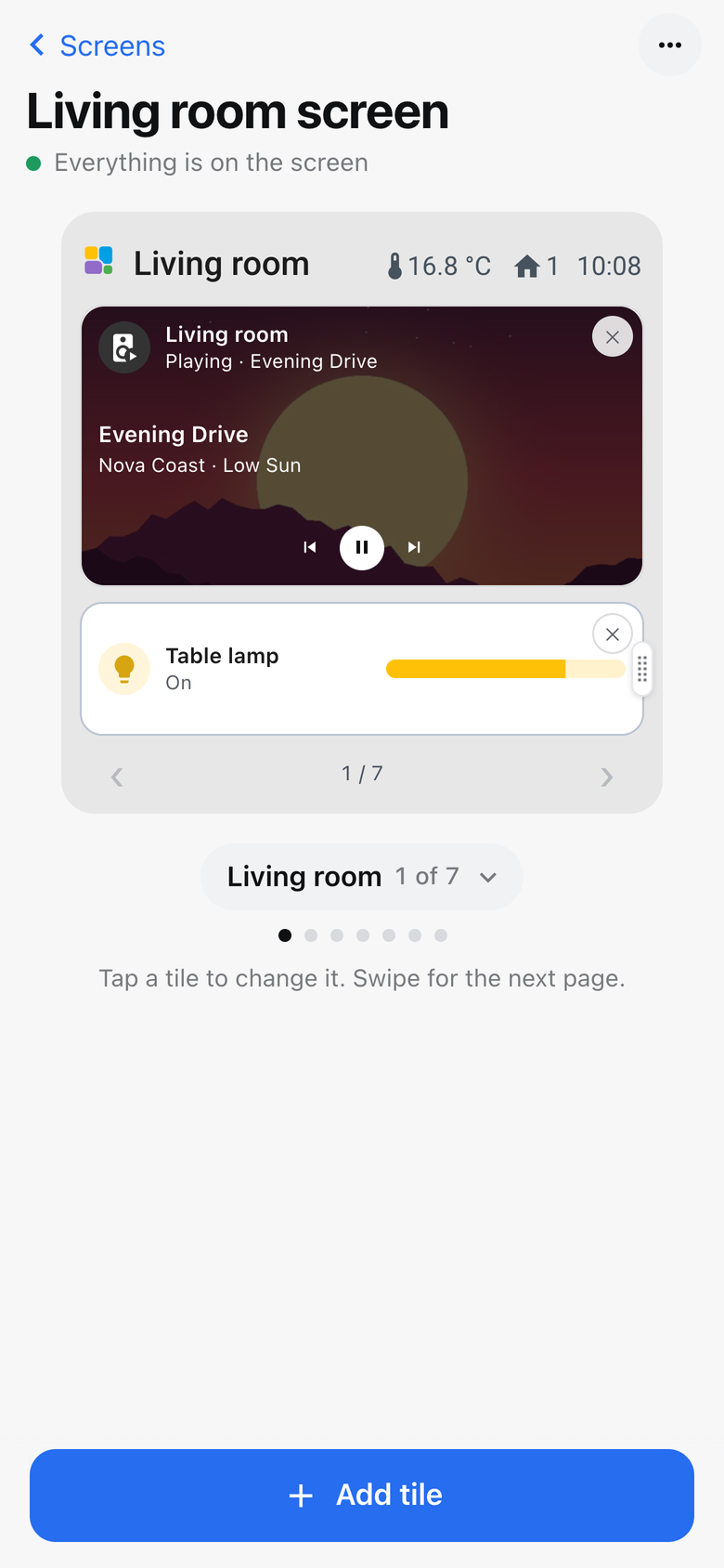 One screen on a phone, with Add tile