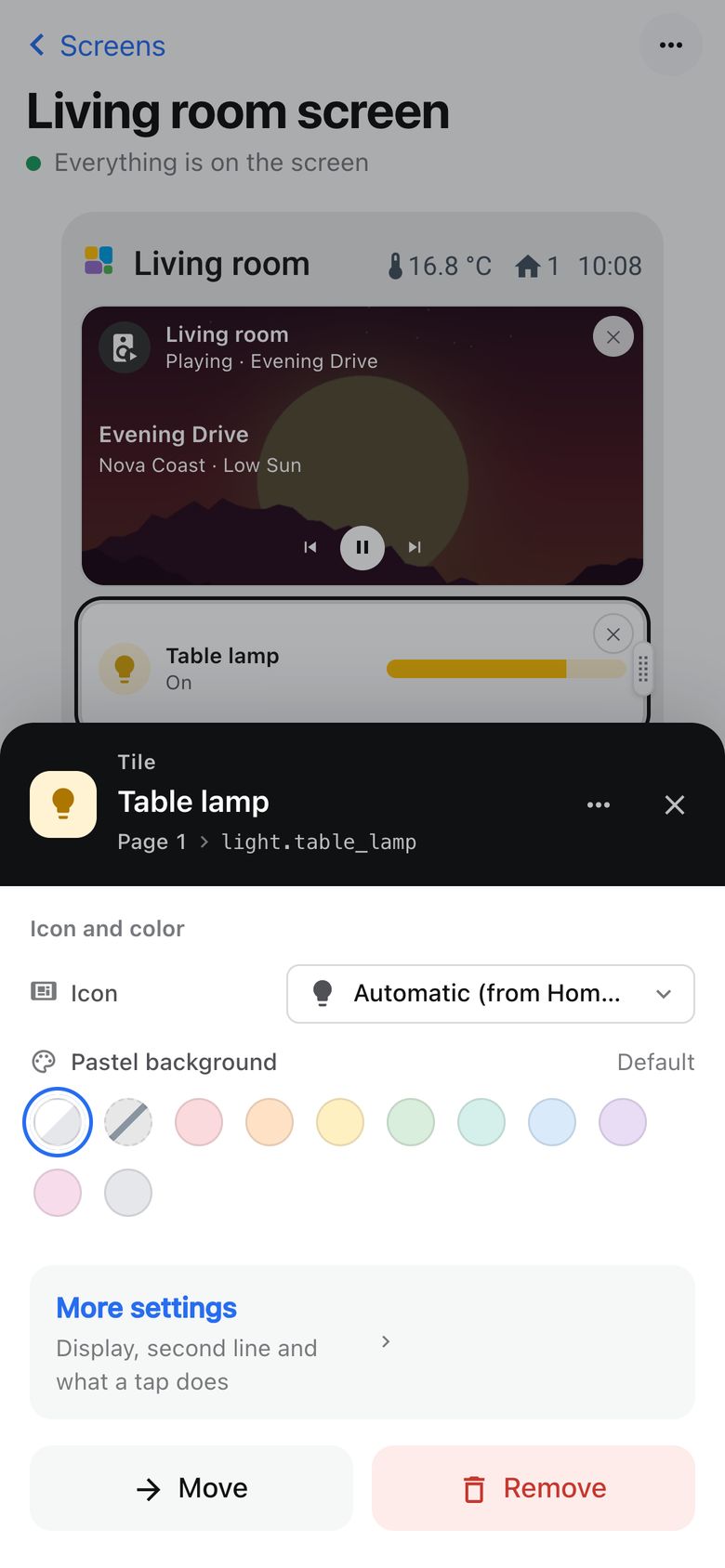 A tile tapped on a phone: its icon, colour, Move and Remove