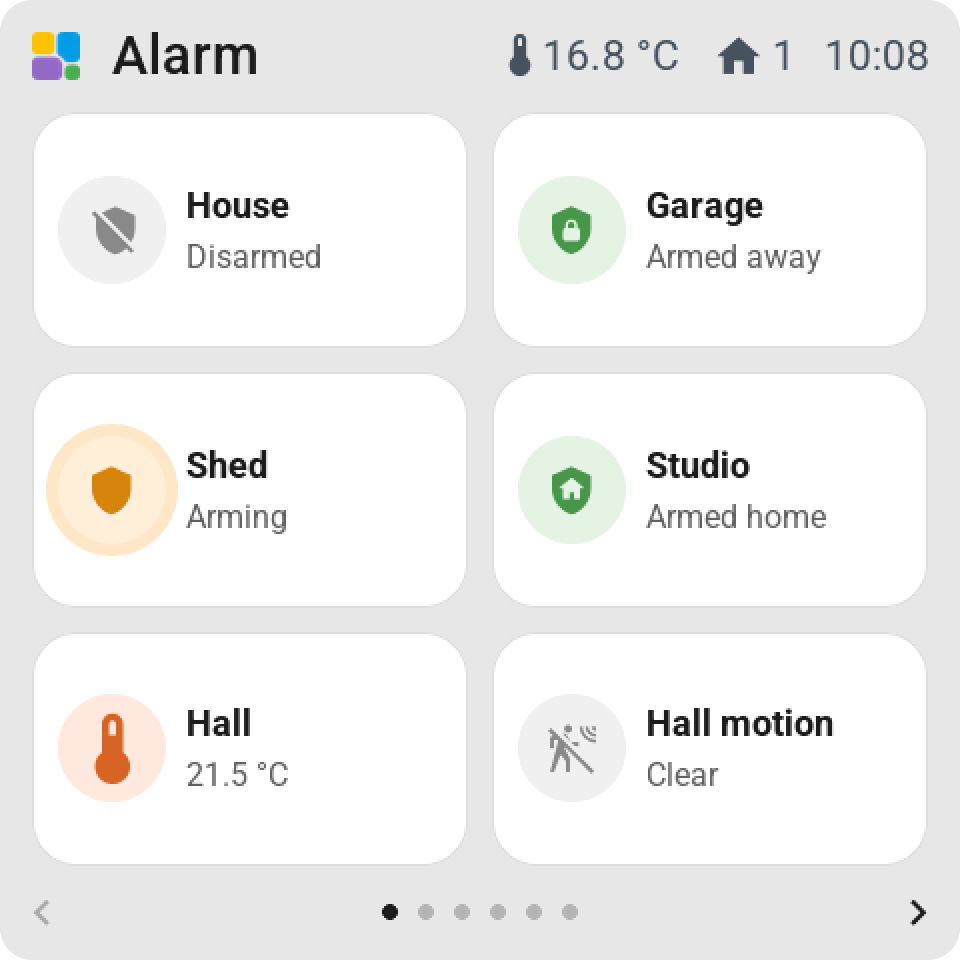 An alarm panel tile and its card with the modes and the keypad