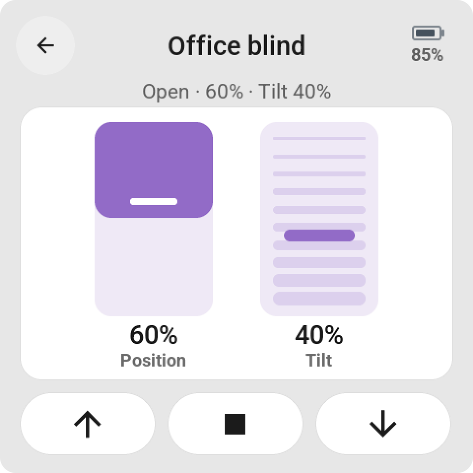 A blind's card with a tall position slider and open, stop and close keys