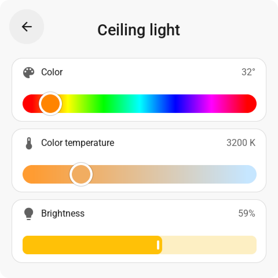 A light's card: brightness, colour and colour temperature sliders