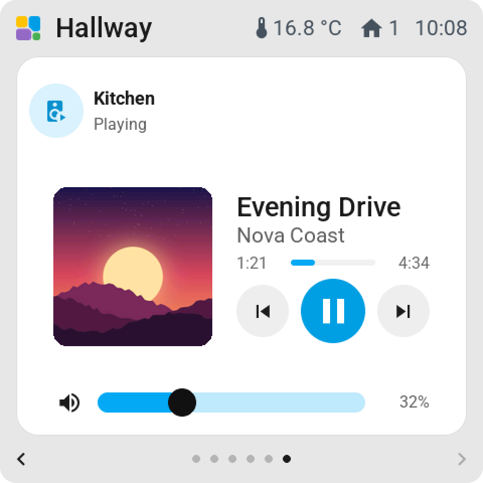 The media card: cover, title, progress bar, keys and volume