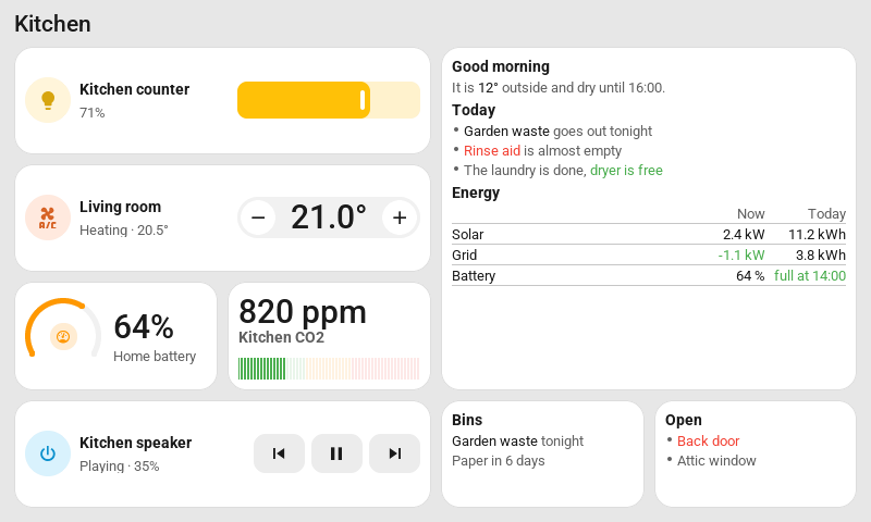 A 7-inch screen. On the right a template tile of two by three cells: a heading Good morning, a line about the weather, a list for today with one item in red and one in green, and a small energy table. On the left a light with its brightness slider, a thermostat, a battery meter, a CO2 meter and a music player; under the briefing two small template tiles, Bins and Open.