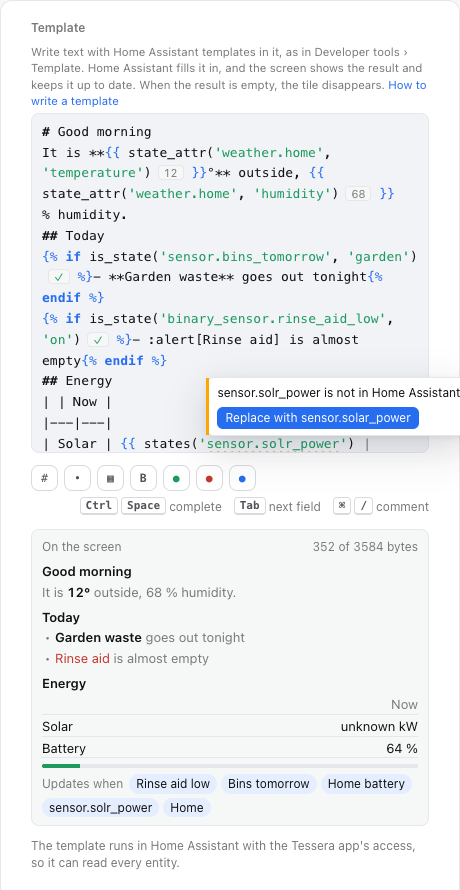The Template field in Tessera: the template with small values beside the code, a red-underlined typo with a button Replace with sensor.solar_power, the keys under the field, and the result as the screen gets it with Updates when and the entities