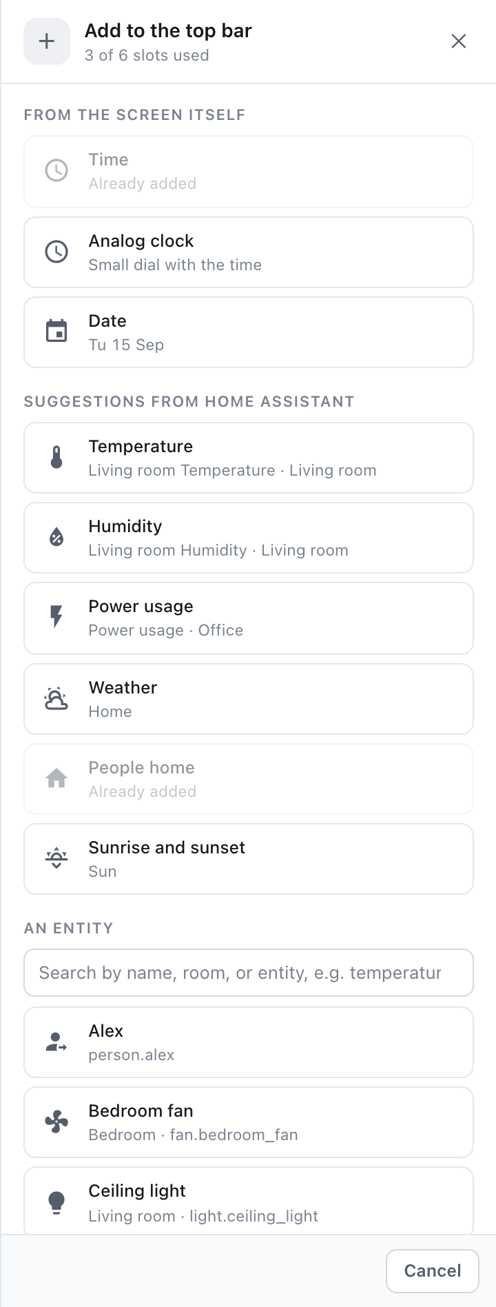 Build your own top bar. Choose clocks, dates, weather or entities from Home Assistant.
