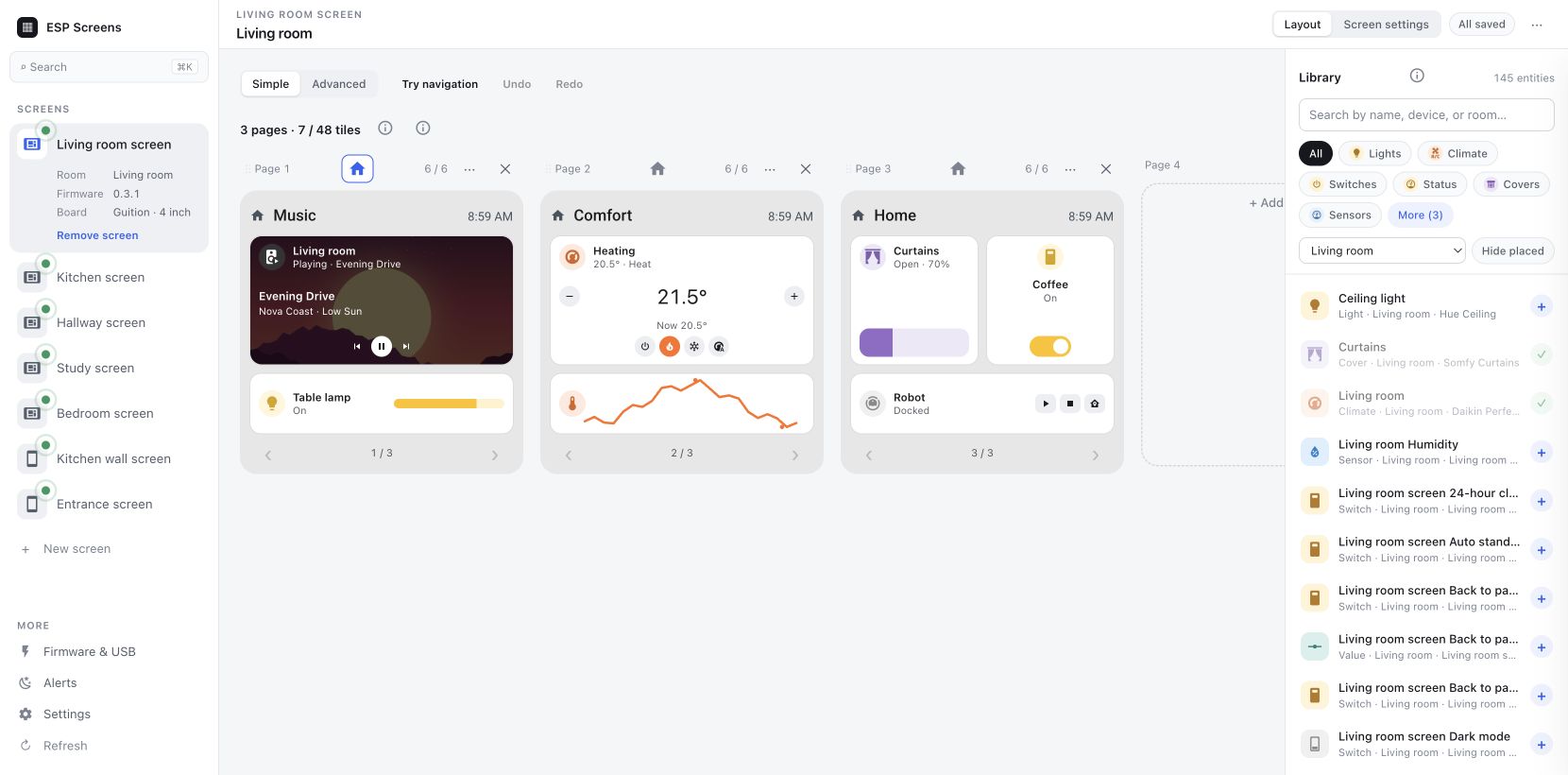 The screen manager, with screens in the sidebar, editable pages in the middle and the device library on the right