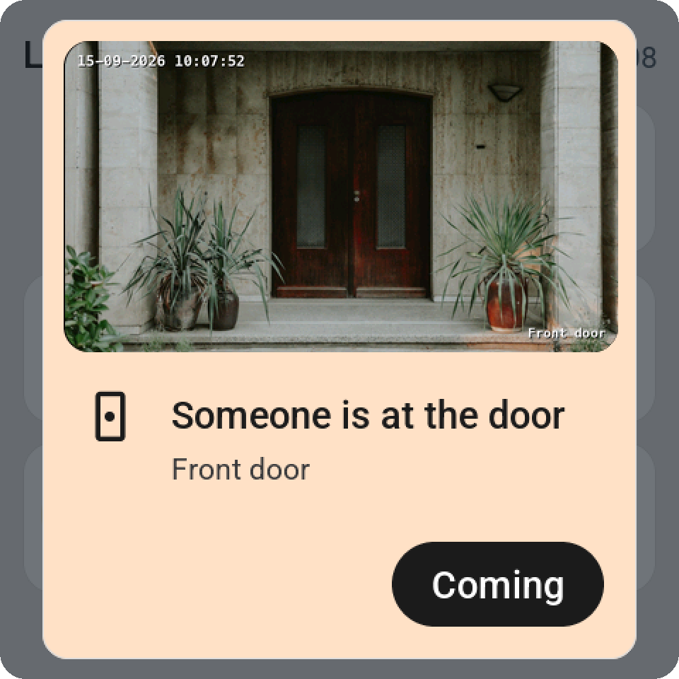 Someone is at the door. A camera snapshot accompanies the doorbell alert and its response action.