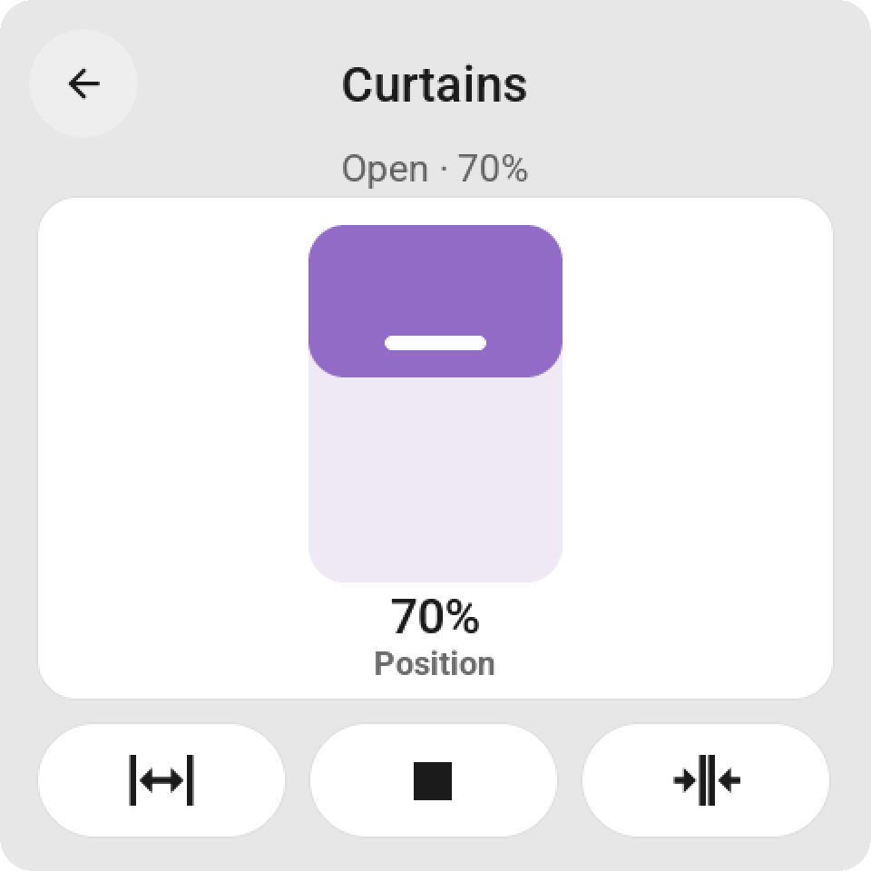 Curtains at seventy percent. A visual position control with open, stop and close actions.