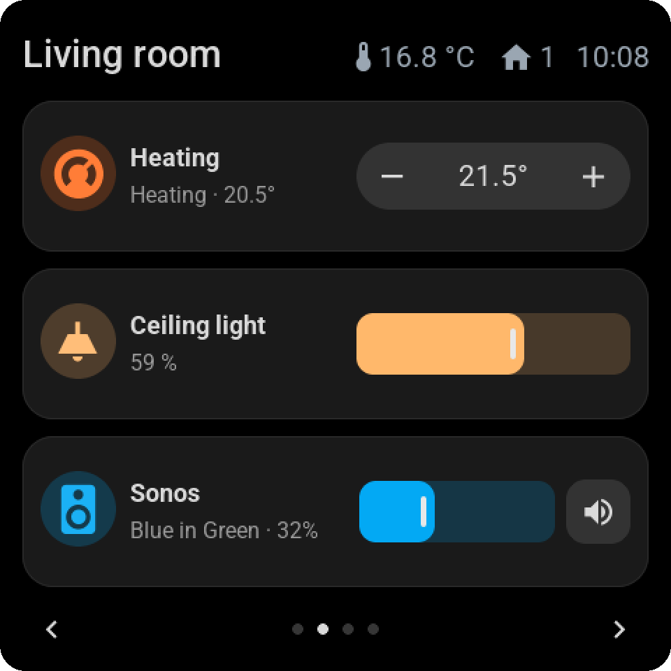 Everyday controls at night. Heating, brightness and music volume remain close at hand in dark mode.