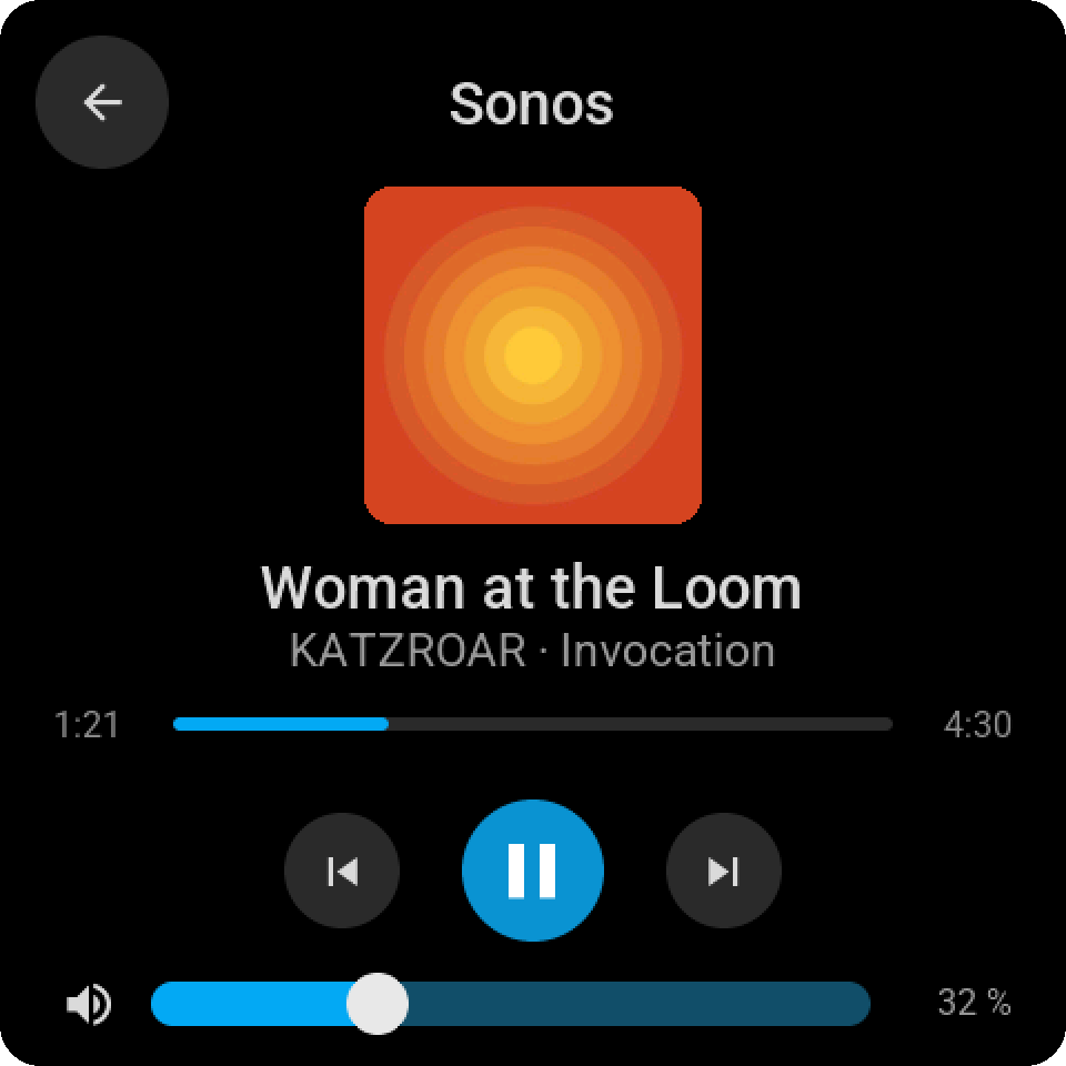 Music after dark. Album artwork, track progress, playback and volume in a dark media card.