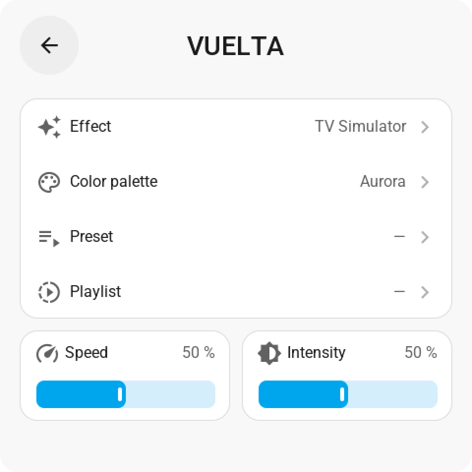 Light effects, in detail. Choose an effect, palette, preset or playlist and adjust speed and intensity.