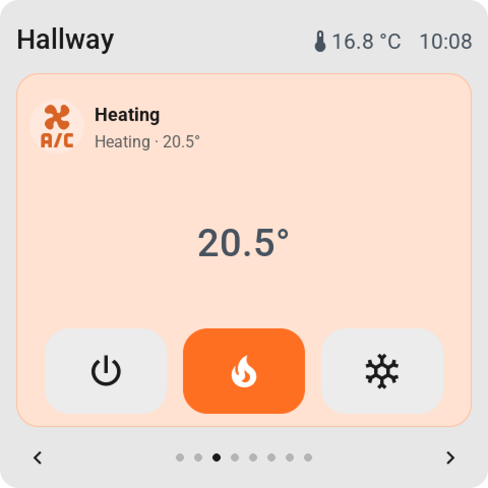 Heating takes the whole page. A full-page climate tile gives the current temperature and modes more space.