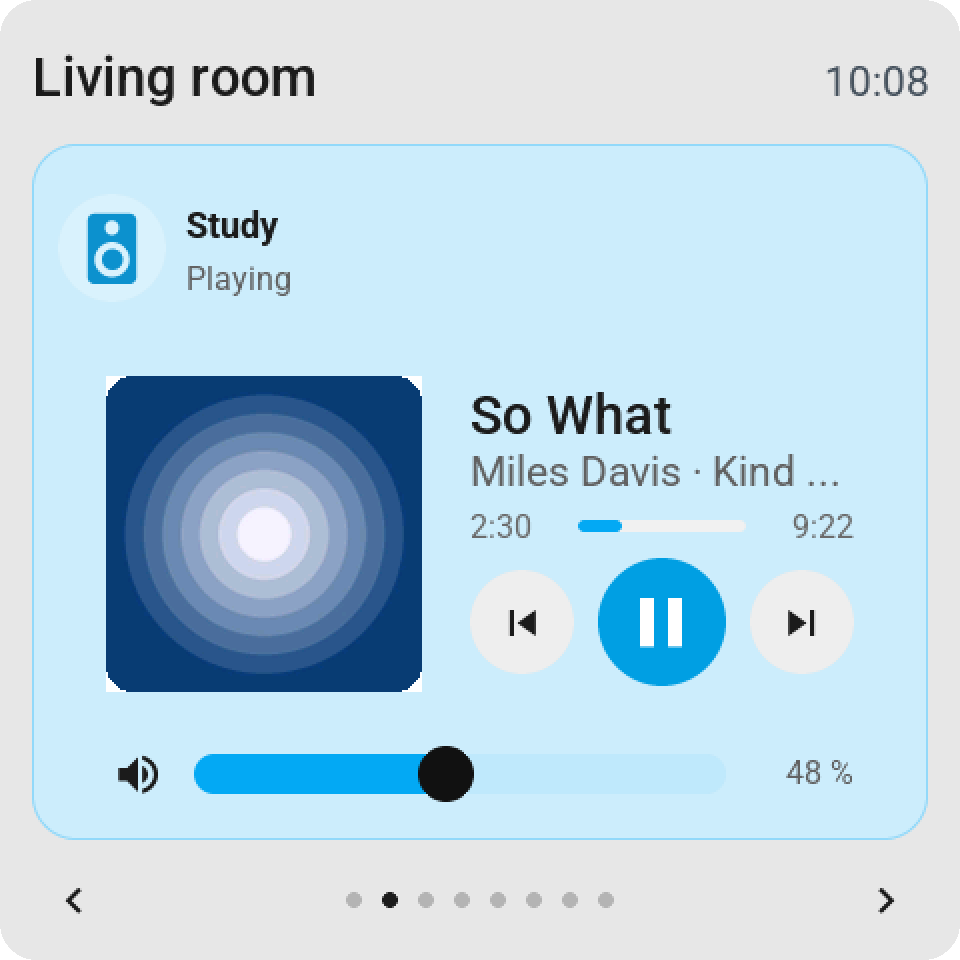 A full-page music player. Artwork, track timing, transport controls and volume on one large tile.